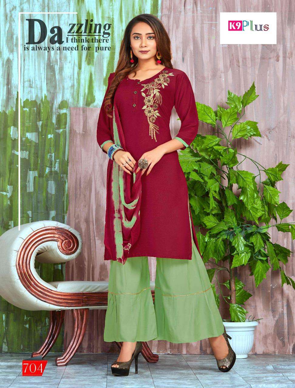 PLATINUM BY K9 PLUS 701 TO 708 SERIES BEAUTIFUL STYLISH FANCY COLORFUL CASUAL WEAR & ETHNIC WEAR RAYON EMBROIDERED DRESSES AT WHOLESALE PRICE