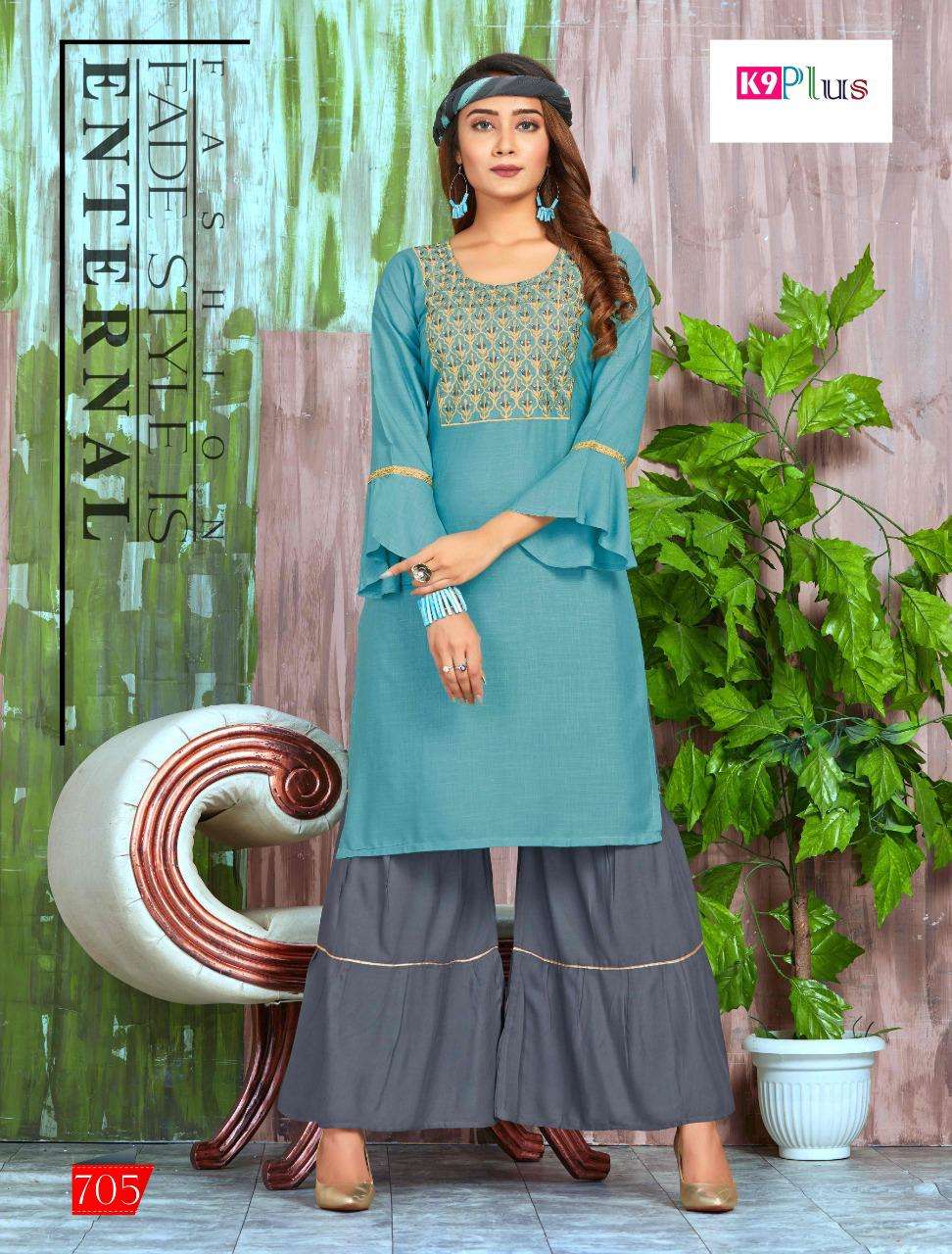 PLATINUM BY K9 PLUS 701 TO 708 SERIES BEAUTIFUL STYLISH FANCY COLORFUL CASUAL WEAR & ETHNIC WEAR RAYON EMBROIDERED DRESSES AT WHOLESALE PRICE