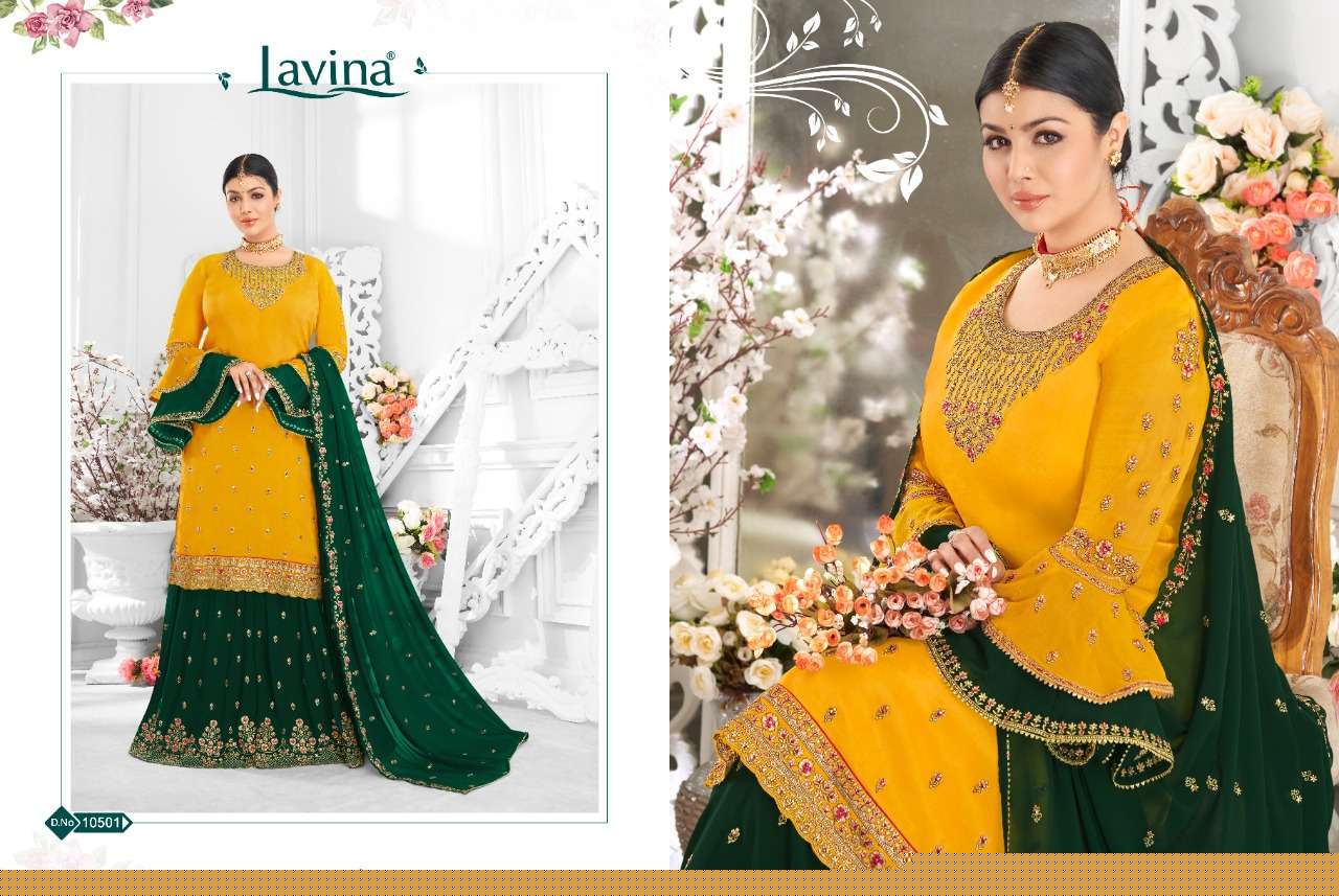 LAVINA VOL-105 BY LAVINA 10501 TO 10506 SERIES BEAUTIFUL SUITS STYLISH FANCY COLORFUL PARTY WEAR & OCCASIONAL WEAR SATIN GEORGETTE WITH EMBROIDERY DRESSES AT WHOLESALE PRICE