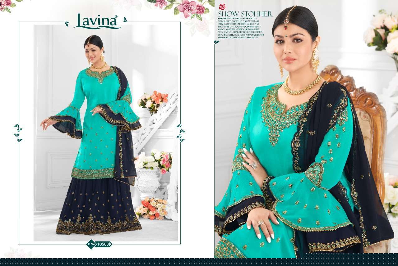 LAVINA VOL-105 BY LAVINA 10501 TO 10506 SERIES BEAUTIFUL SUITS STYLISH FANCY COLORFUL PARTY WEAR & OCCASIONAL WEAR SATIN GEORGETTE WITH EMBROIDERY DRESSES AT WHOLESALE PRICE