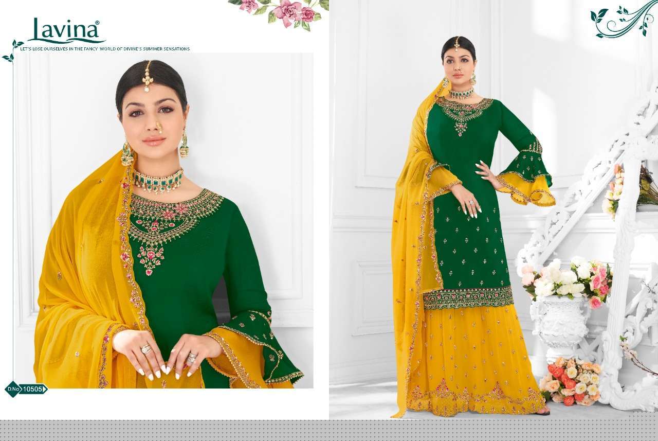 LAVINA VOL-105 BY LAVINA 10501 TO 10506 SERIES BEAUTIFUL SUITS STYLISH FANCY COLORFUL PARTY WEAR & OCCASIONAL WEAR SATIN GEORGETTE WITH EMBROIDERY DRESSES AT WHOLESALE PRICE