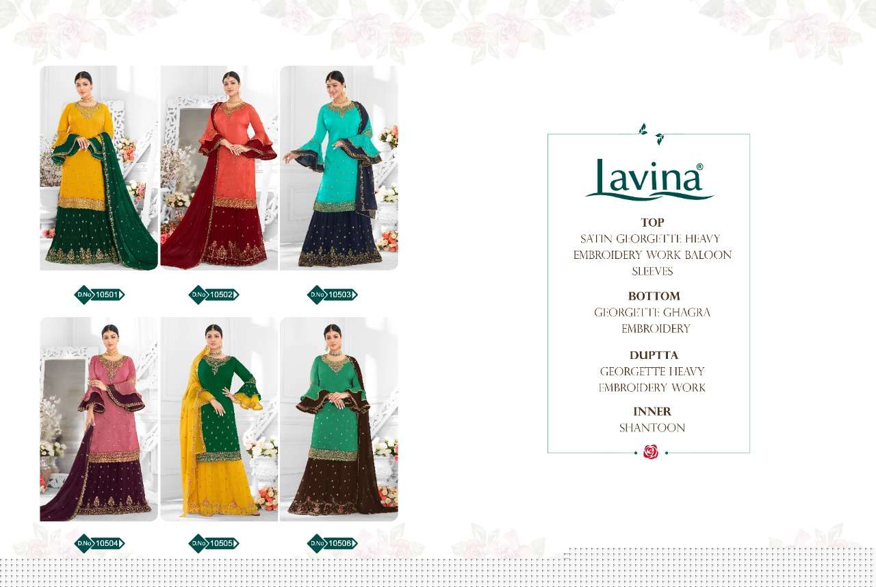 LAVINA VOL-105 BY LAVINA 10501 TO 10506 SERIES BEAUTIFUL SUITS STYLISH FANCY COLORFUL PARTY WEAR & OCCASIONAL WEAR SATIN GEORGETTE WITH EMBROIDERY DRESSES AT WHOLESALE PRICE