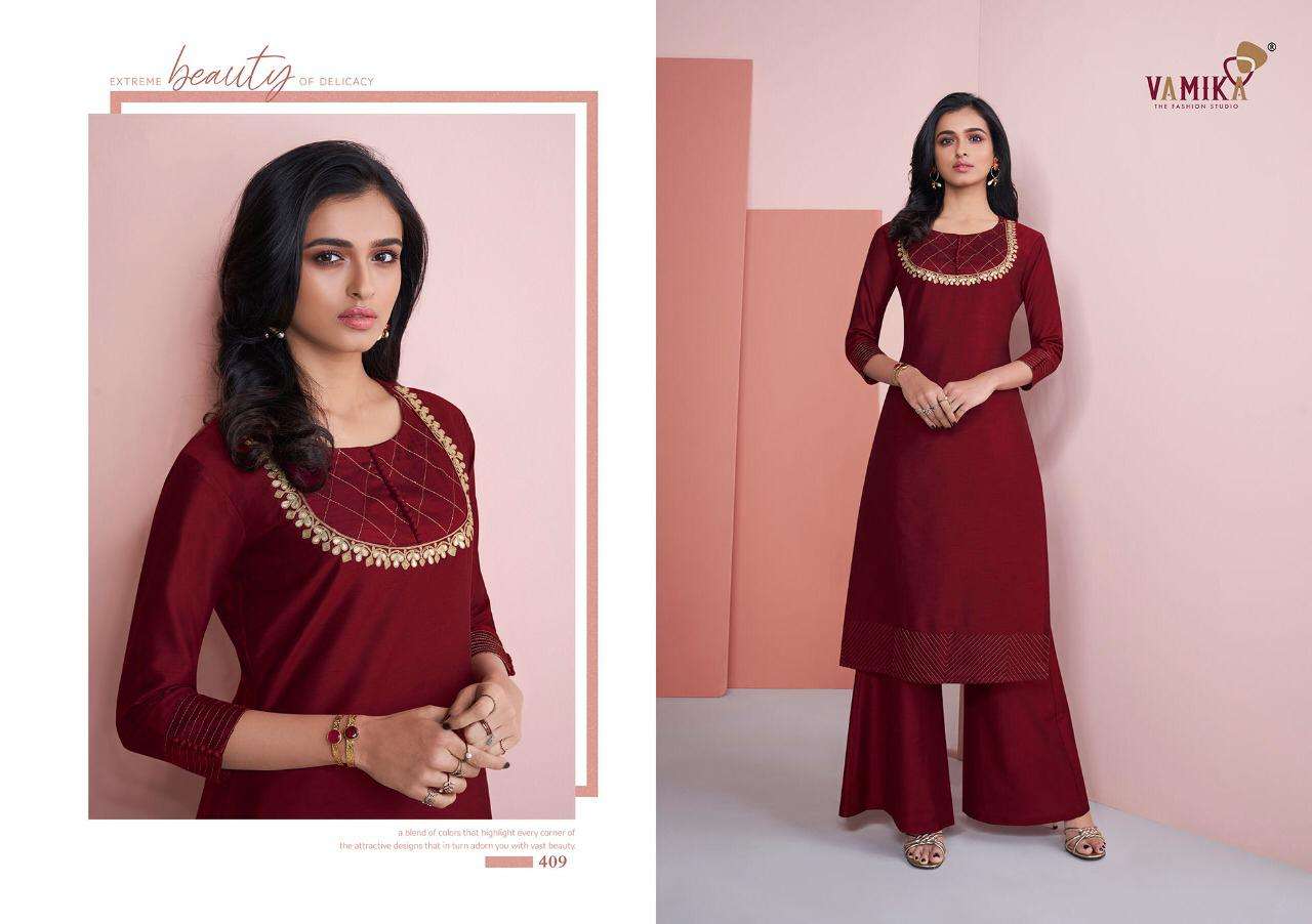 NAZZ VOL-2 BY VAMIKA 409 TO 416 SERIES BEAUTIFUL STYLISH FANCY COLORFUL CASUAL WEAR & ETHNIC WEAR & READY TO WEAR PURE VISCOSE SILK KURTIS AT WHOLESALE PRICE