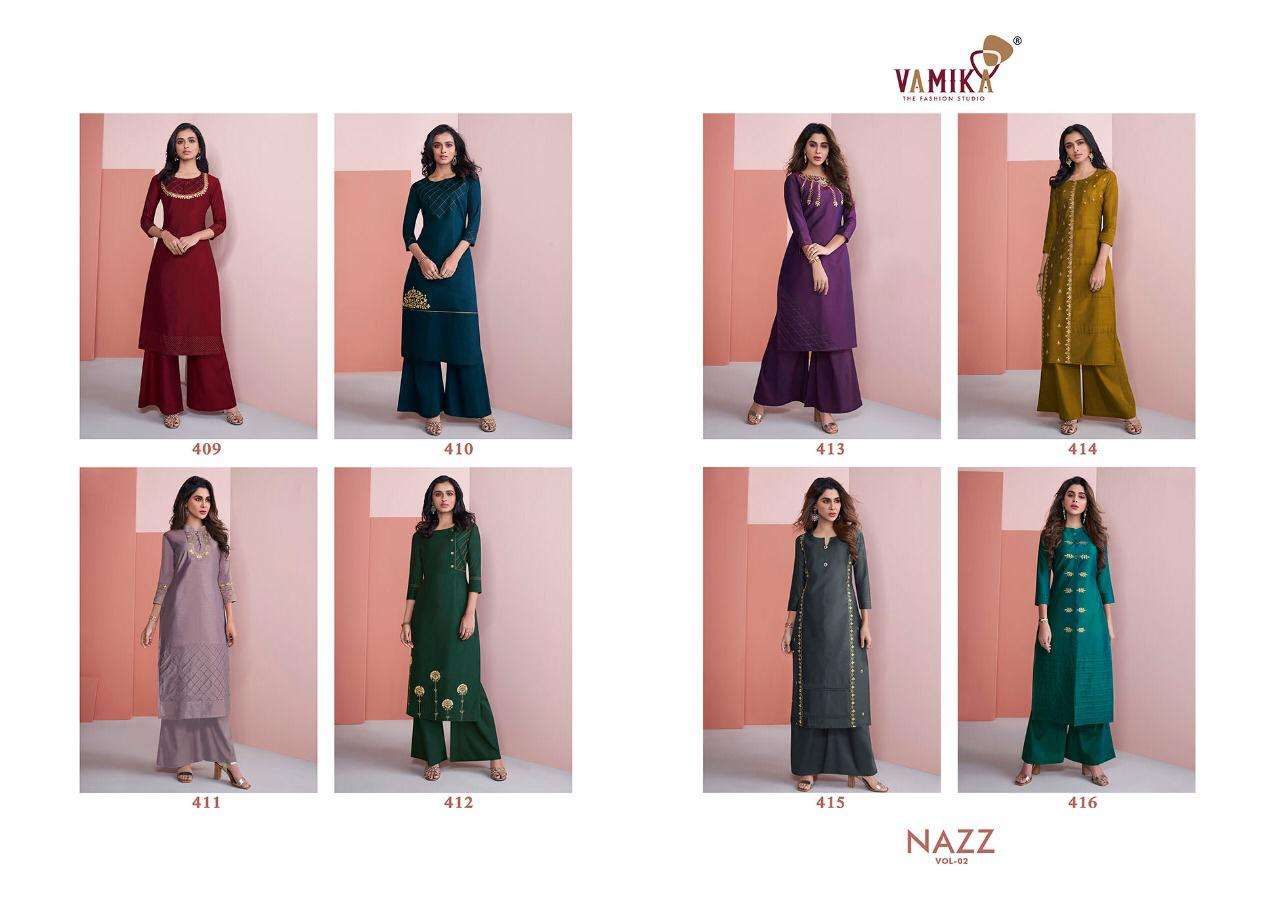 NAZZ VOL-2 BY VAMIKA 409 TO 416 SERIES BEAUTIFUL STYLISH FANCY COLORFUL CASUAL WEAR & ETHNIC WEAR & READY TO WEAR PURE VISCOSE SILK KURTIS AT WHOLESALE PRICE