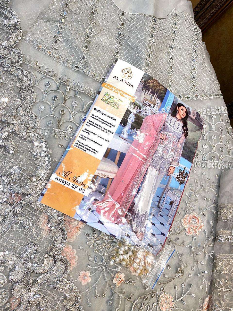 ANAYA ZF 08 BY AL AMRA PAKISTANI SUITS BEAUTIFUL FANCY COLORFUL STYLISH PARTY WEAR & OCCASIONAL WEAR BUTTERFLY NET EMBROIDERED DRESSES AT WHOLESALE PRICE