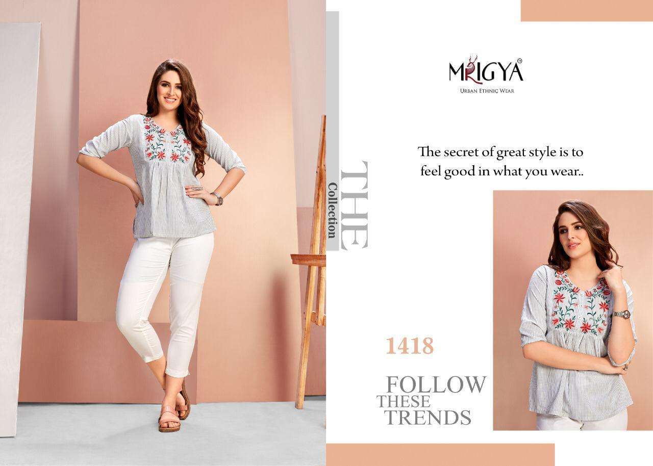 FLORA VOL-4 BY MRIGYA 1416 TO 1420 SERIES BEAUTIFUL COLORFUL STYLISH FANCY CASUAL WEAR & READY TO WEAR COTTON HANDLOOM WITH EMBROIDERY TOPS AT WHOLESALE PRICE