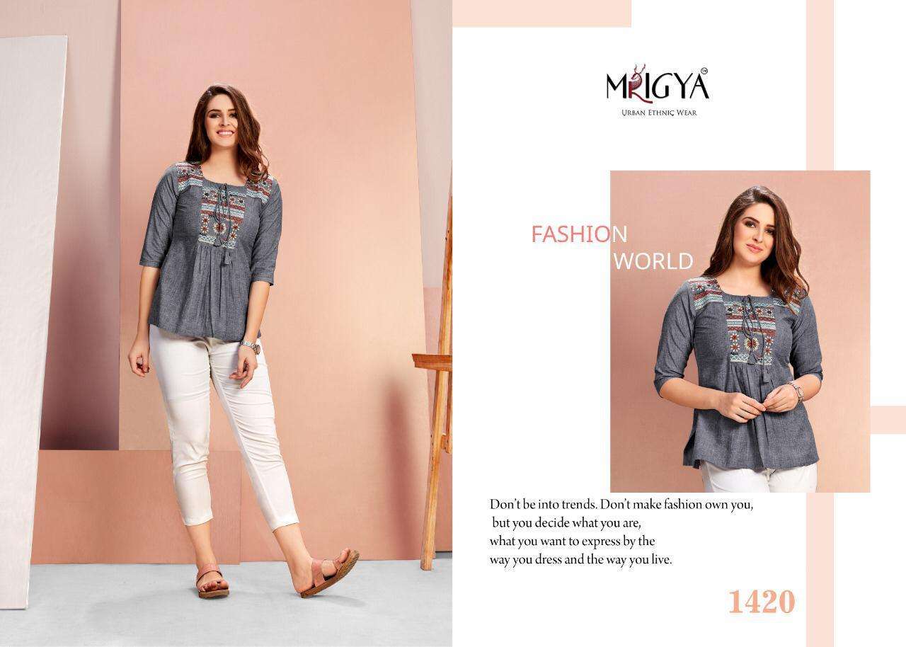 FLORA VOL-4 BY MRIGYA 1416 TO 1420 SERIES BEAUTIFUL COLORFUL STYLISH FANCY CASUAL WEAR & READY TO WEAR COTTON HANDLOOM WITH EMBROIDERY TOPS AT WHOLESALE PRICE