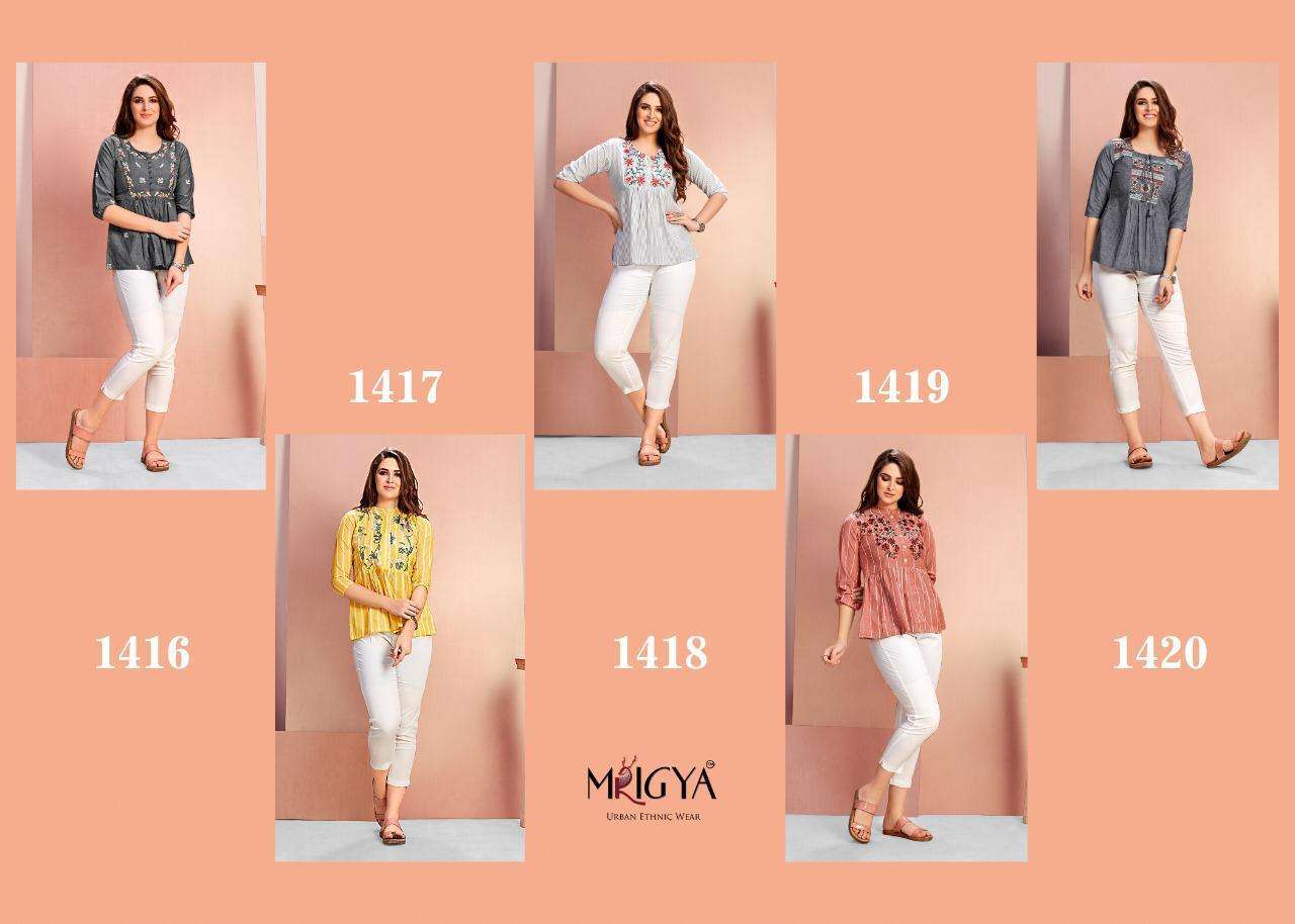FLORA VOL-4 BY MRIGYA 1416 TO 1420 SERIES BEAUTIFUL COLORFUL STYLISH FANCY CASUAL WEAR & READY TO WEAR COTTON HANDLOOM WITH EMBROIDERY TOPS AT WHOLESALE PRICE