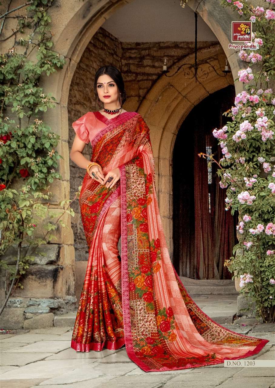 NISHKA VOL-2 BY PRIYA PARIDHI 1201 TO 1208 SERIES INDIAN TRADITIONAL WEAR COLLECTION BEAUTIFUL STYLISH FANCY COLORFUL PARTY WEAR & OCCASIONAL WEAR MOSS PRINTED SAREES AT WHOLESALE PRICE
