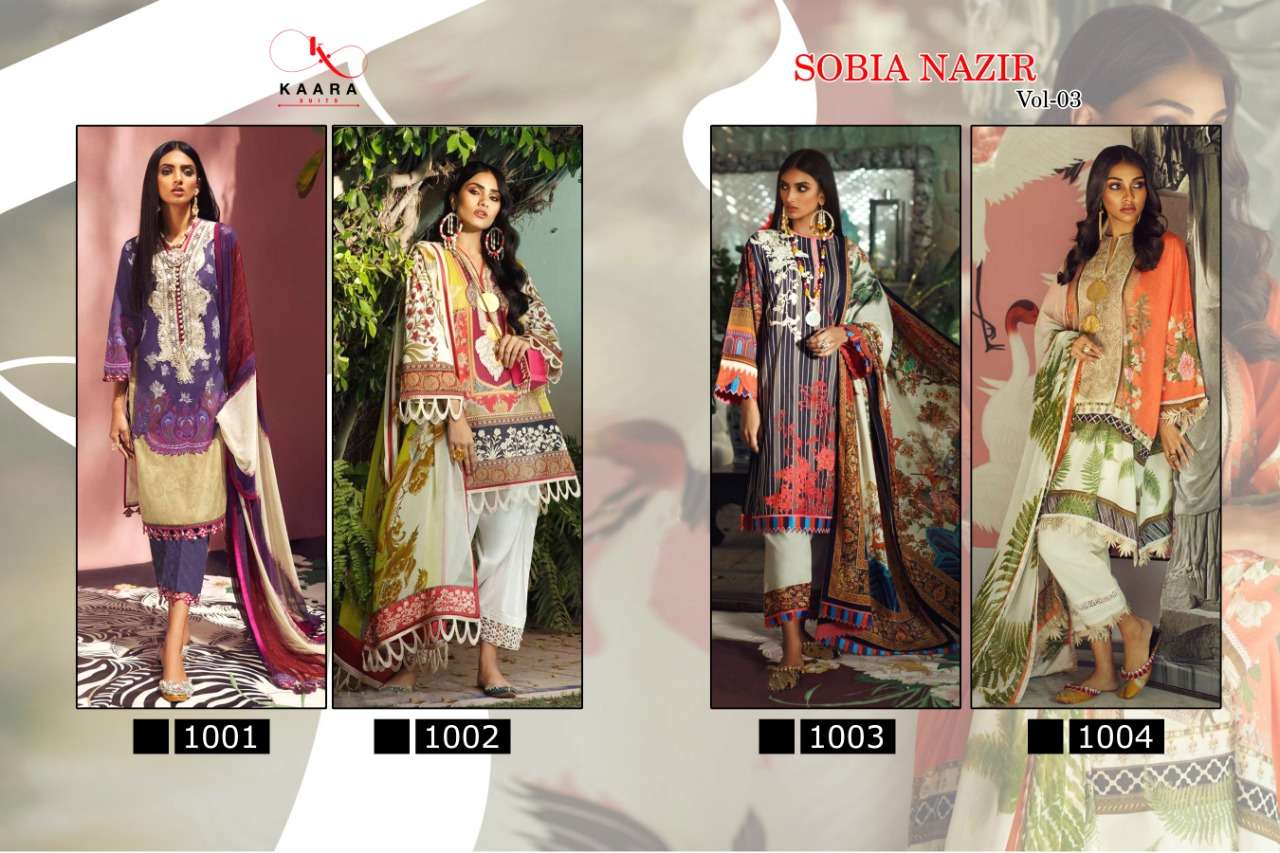 SOBIA NAZIR VOL-3 BY KAARA SUITS 1001 TO 1004 SERIES SUITS BEAUTIFUL FANCY COLORFUL STYLISH PARTY WEAR & OCCASIONAL WEAR PASHMINA PRINTED WITH EMBROIDERY DRESSES AT WHOLESALE PRICE