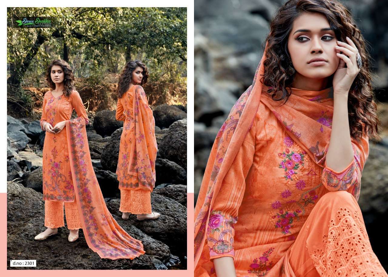 ALMAAS BY SHREE SHALIKA 2301 TO 2308 SERIES BEAUTIFUL STYLISH SHARARA SUITS FANCY COLORFUL CASUAL WEAR & ETHNIC WEAR & READY TO WEAR JAM SATIN WITH EMBROIDERY DRESSES AT WHOLESALE PRICE