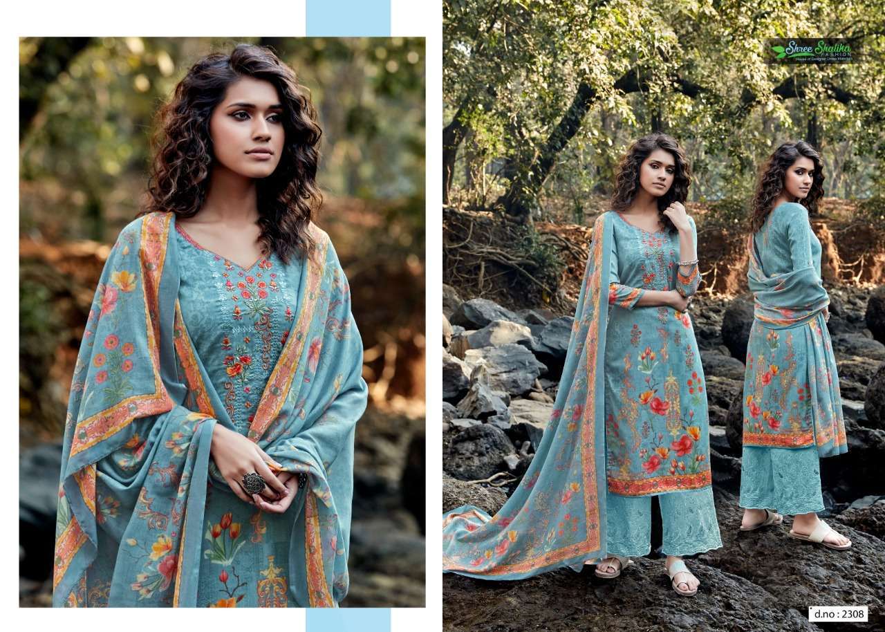 ALMAAS BY SHREE SHALIKA 2301 TO 2308 SERIES BEAUTIFUL STYLISH SHARARA SUITS FANCY COLORFUL CASUAL WEAR & ETHNIC WEAR & READY TO WEAR JAM SATIN WITH EMBROIDERY DRESSES AT WHOLESALE PRICE