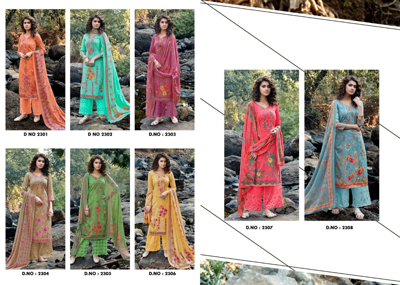 ALMAAS BY SHREE SHALIKA 2301 TO 2308 SERIES BEAUTIFUL STYLISH SHARARA SUITS FANCY COLORFUL CASUAL WEAR & ETHNIC WEAR & READY TO WEAR JAM SATIN WITH EMBROIDERY DRESSES AT WHOLESALE PRICE