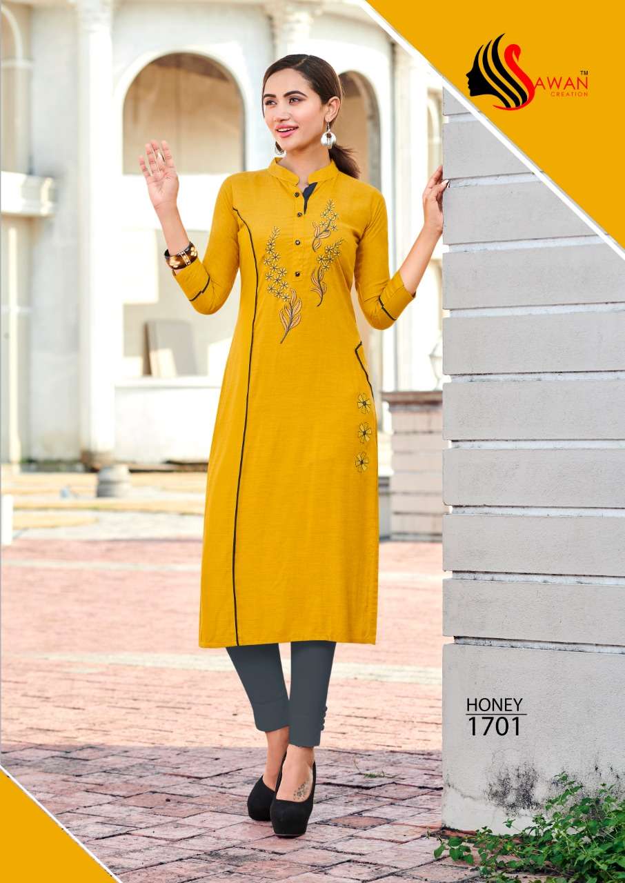 HONEY VOL-17 BY SAWAN CREATION 1701 TO 1712 SERIES BEAUTIFUL STYLISH FANCY COLORFUL CASUAL WEAR & ETHNIC WEAR & READY TO WEAR HEAVY RAYON 14 KG KURTIS AT WHOLESALE PRICE