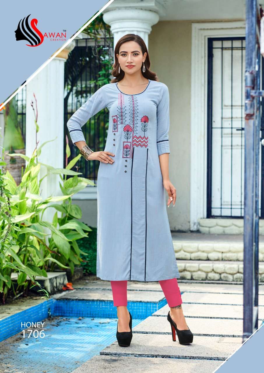 HONEY VOL-17 BY SAWAN CREATION 1701 TO 1712 SERIES BEAUTIFUL STYLISH FANCY COLORFUL CASUAL WEAR & ETHNIC WEAR & READY TO WEAR HEAVY RAYON 14 KG KURTIS AT WHOLESALE PRICE