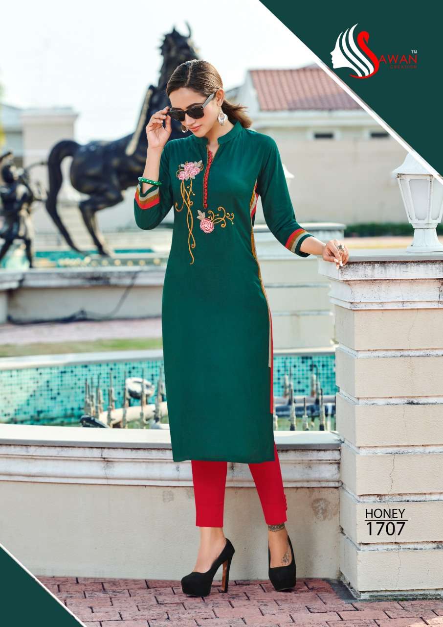 HONEY VOL-17 BY SAWAN CREATION 1701 TO 1712 SERIES BEAUTIFUL STYLISH FANCY COLORFUL CASUAL WEAR & ETHNIC WEAR & READY TO WEAR HEAVY RAYON 14 KG KURTIS AT WHOLESALE PRICE