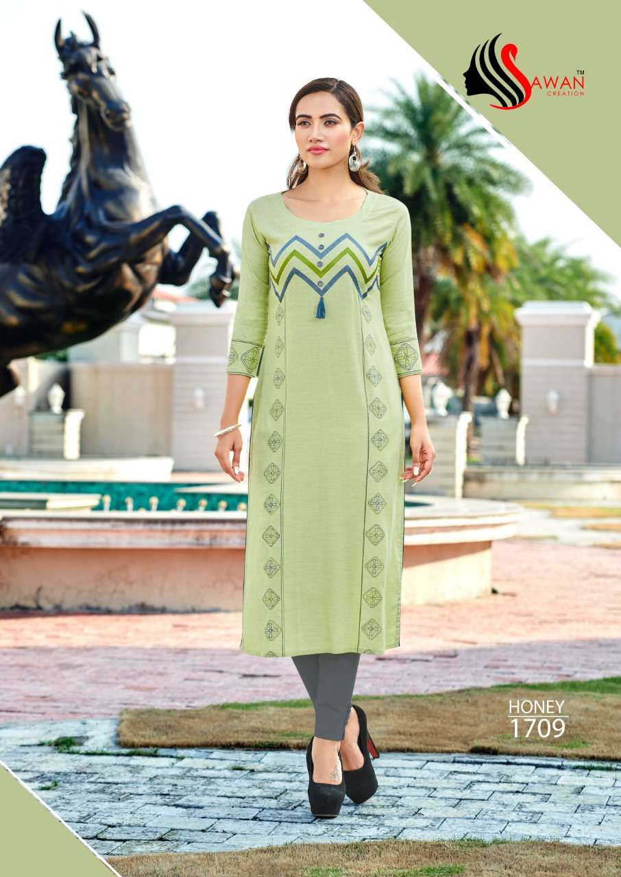 HONEY VOL-17 BY SAWAN CREATION 1701 TO 1712 SERIES BEAUTIFUL STYLISH FANCY COLORFUL CASUAL WEAR & ETHNIC WEAR & READY TO WEAR HEAVY RAYON 14 KG KURTIS AT WHOLESALE PRICE