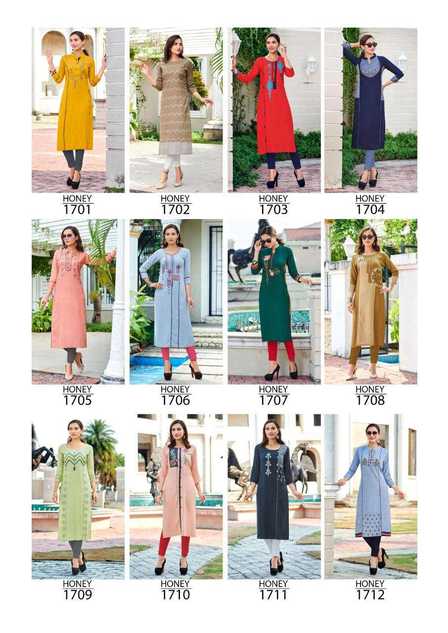 HONEY VOL-17 BY SAWAN CREATION 1701 TO 1712 SERIES BEAUTIFUL STYLISH FANCY COLORFUL CASUAL WEAR & ETHNIC WEAR & READY TO WEAR HEAVY RAYON 14 KG KURTIS AT WHOLESALE PRICE