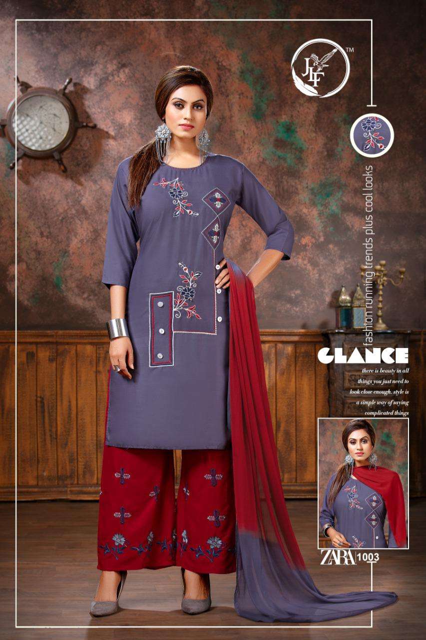 ZARA BY JLF 1001 TO 1010 SERIES BEAUTIFUL SUITS STYLISH FANCY COLORFUL PARTY WEAR & OCCASIONAL WEAR RAYON 14 KG WITH EMBROIDERY DRESSES AT WHOLESALE PRICE