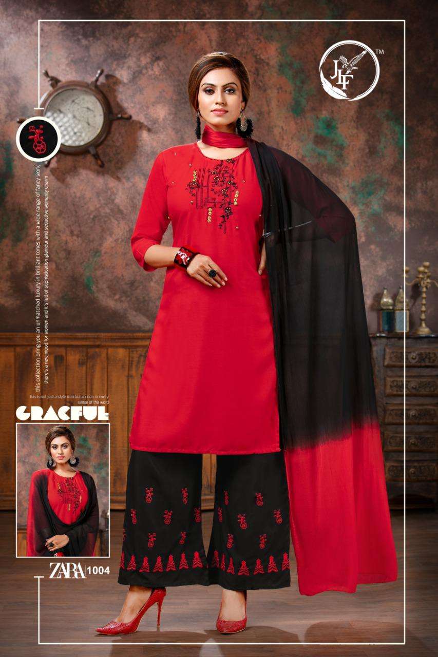 ZARA BY JLF 1001 TO 1010 SERIES BEAUTIFUL SUITS STYLISH FANCY COLORFUL PARTY WEAR & OCCASIONAL WEAR RAYON 14 KG WITH EMBROIDERY DRESSES AT WHOLESALE PRICE