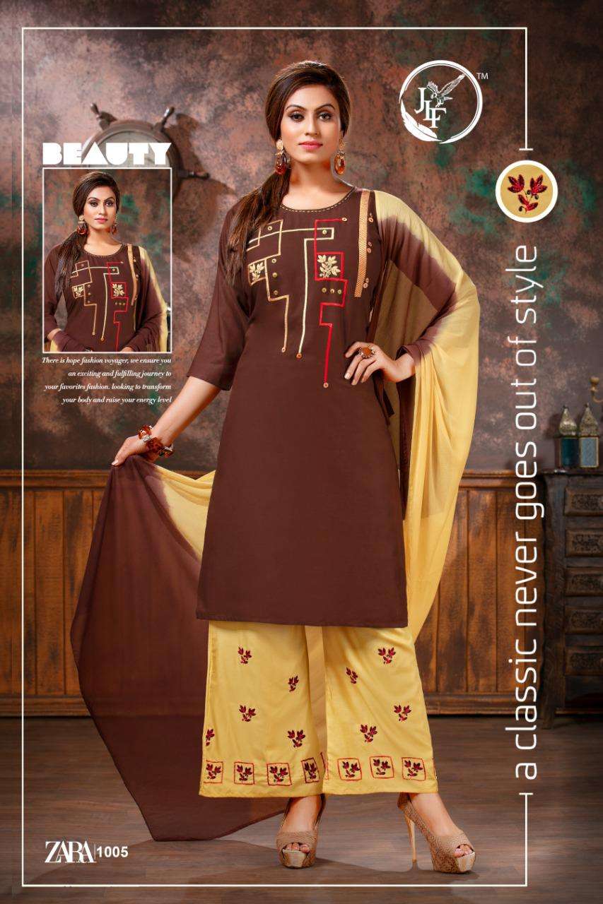 ZARA BY JLF 1001 TO 1010 SERIES BEAUTIFUL SUITS STYLISH FANCY COLORFUL PARTY WEAR & OCCASIONAL WEAR RAYON 14 KG WITH EMBROIDERY DRESSES AT WHOLESALE PRICE