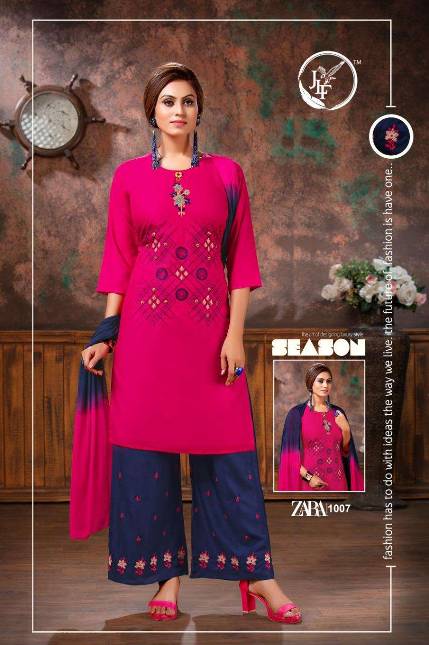 ZARA BY JLF 1001 TO 1010 SERIES BEAUTIFUL SUITS STYLISH FANCY COLORFUL PARTY WEAR & OCCASIONAL WEAR RAYON 14 KG WITH EMBROIDERY DRESSES AT WHOLESALE PRICE