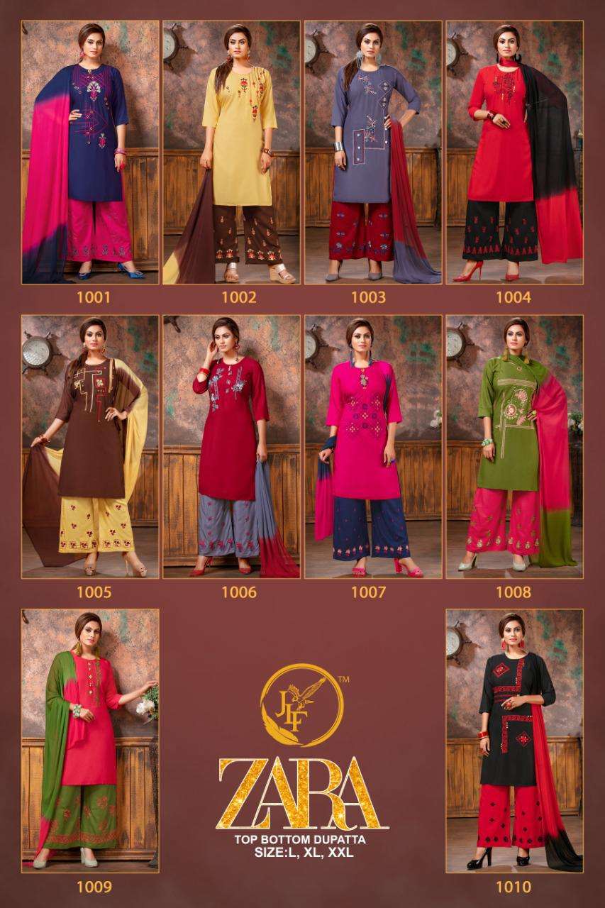 ZARA BY JLF 1001 TO 1010 SERIES BEAUTIFUL SUITS STYLISH FANCY COLORFUL PARTY WEAR & OCCASIONAL WEAR RAYON 14 KG WITH EMBROIDERY DRESSES AT WHOLESALE PRICE