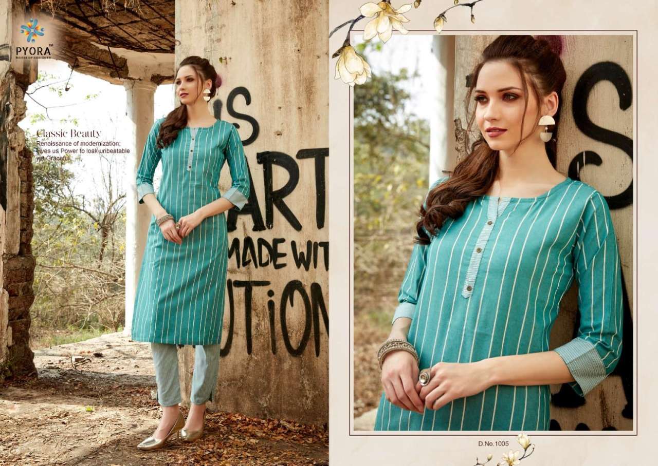 VICTORY BY PYORA 1001 TO 1006 SERIES STYLISH FANCY BEAUTIFUL COLORFUL CASUAL WEAR & ETHNIC WEAR PURE HANDLOOM WEAVING COTTON KURTIS WITH BOTTOM AT WHOLESALE PRICE