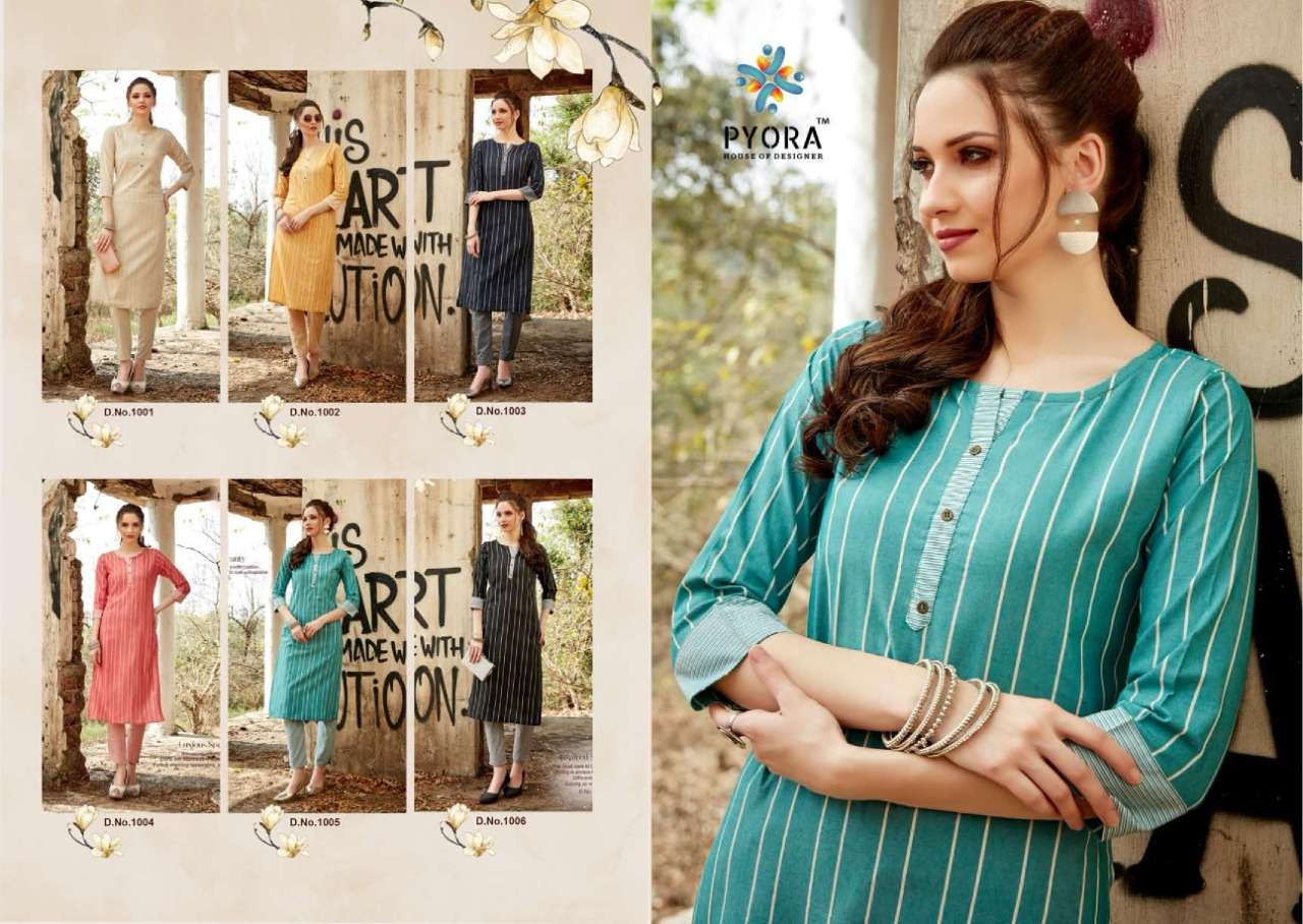 VICTORY BY PYORA 1001 TO 1006 SERIES STYLISH FANCY BEAUTIFUL COLORFUL CASUAL WEAR & ETHNIC WEAR PURE HANDLOOM WEAVING COTTON KURTIS WITH BOTTOM AT WHOLESALE PRICE