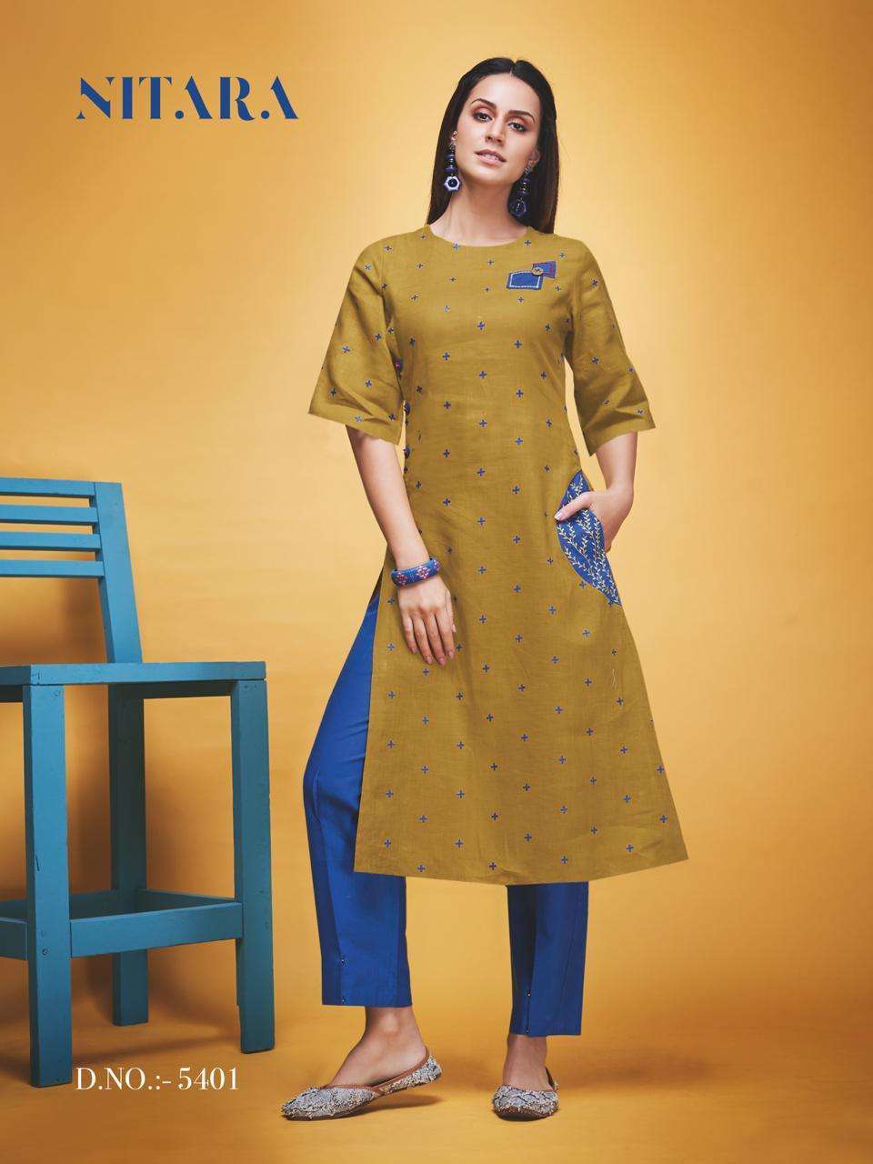 LAYLA BY NITARA 5301 TO 5305 SERIES STYLISH FANCY BEAUTIFUL COLORFUL CASUAL WEAR & ETHNIC WEAR COTTON LINEN PRINT KURTIS WITH BOTTOM AT WHOLESALE PRICE