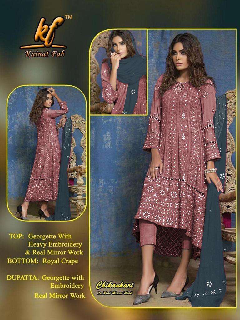 CHIKANKARI BY KAINAT FAB 01 TO 14 SERIES BEAUTIFUL STYLISH SHARARA SUITS FANCY COLORFUL CASUAL WEAR & ETHNIC WEAR & READY TO WEAR FAUX GEORGETTE DRESSES AT WHOLESALE PRICE