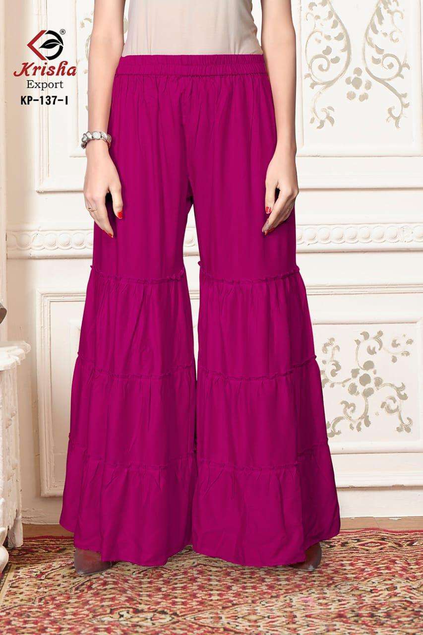 SARARA VOL-2 BY KRISHA EXPORTS 01 TO 08 BEAUTIFUL STYLISH COLORFUL FANCY PARTY WEAR & ETHNIC WEAR & READY TO WEAR 14 KG RAYON PALAZZO AT WHOLESALE PRICE