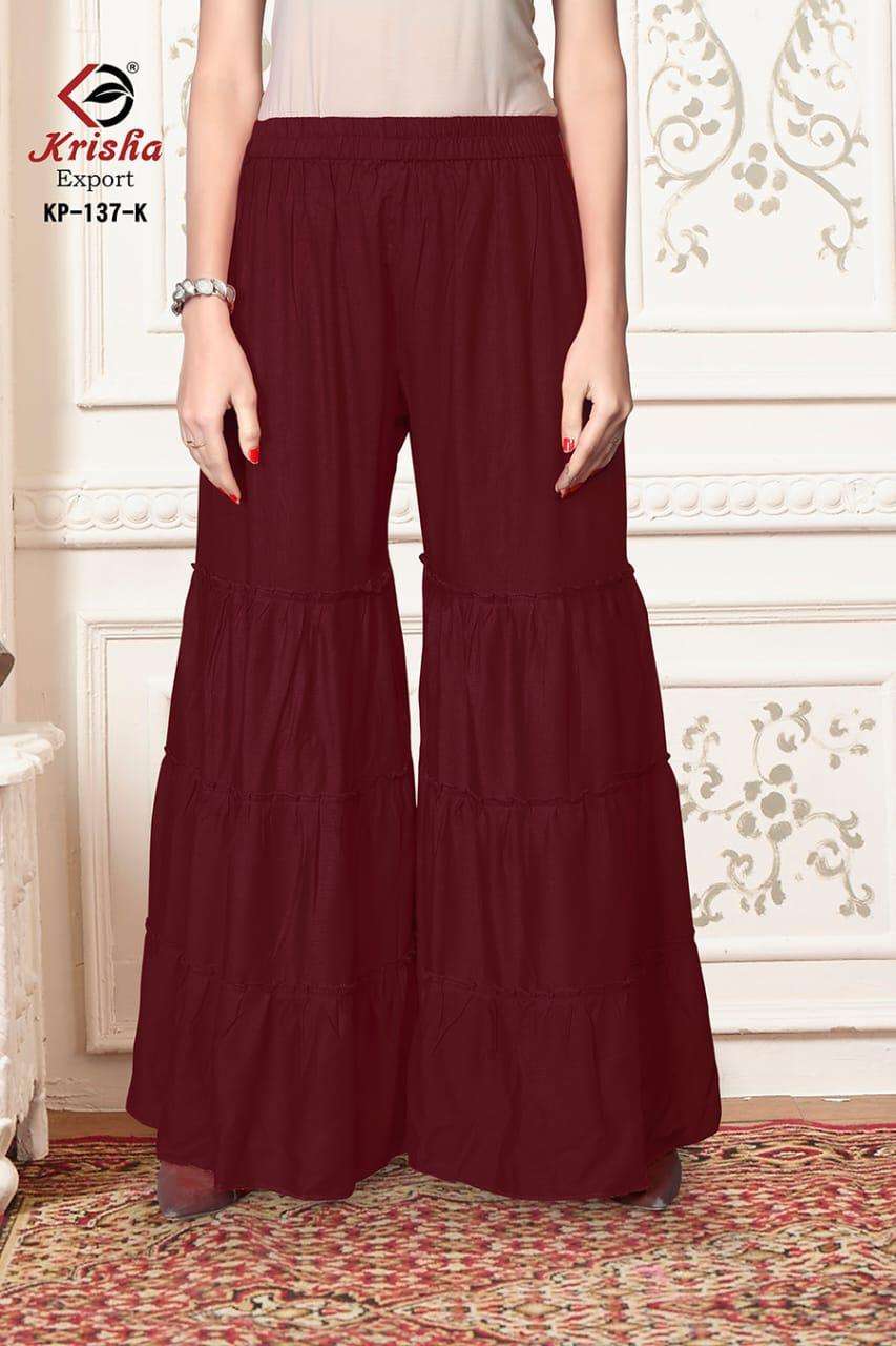 SARARA VOL-2 BY KRISHA EXPORTS 01 TO 08 BEAUTIFUL STYLISH COLORFUL FANCY PARTY WEAR & ETHNIC WEAR & READY TO WEAR 14 KG RAYON PALAZZO AT WHOLESALE PRICE