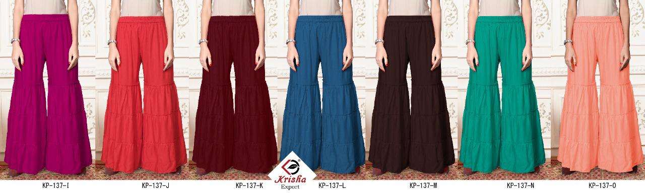 SARARA VOL-2 BY KRISHA EXPORTS 01 TO 08 BEAUTIFUL STYLISH COLORFUL FANCY PARTY WEAR & ETHNIC WEAR & READY TO WEAR 14 KG RAYON PALAZZO AT WHOLESALE PRICE