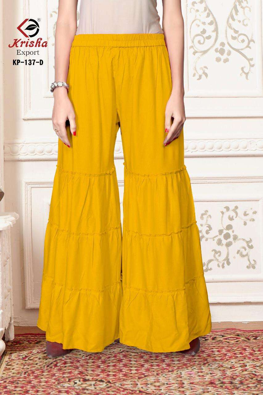 SARARA BY KRISHA EXPORTS 137-A TO 137-H SERIES BEAUTIFUL STYLISH COLORFUL FANCY PARTY WEAR & ETHNIC WEAR & READY TO WEAR 14 KG RAYON PALAZZO AT WHOLESALE PRICE