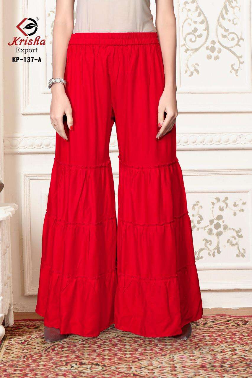 SARARA BY KRISHA EXPORTS 137-A TO 137-H SERIES BEAUTIFUL STYLISH COLORFUL FANCY PARTY WEAR & ETHNIC WEAR & READY TO WEAR 14 KG RAYON PALAZZO AT WHOLESALE PRICE