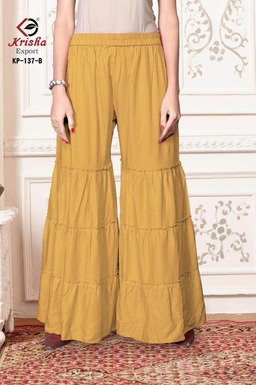 SARARA BY KRISHA EXPORTS 137-A TO 137-H SERIES BEAUTIFUL STYLISH COLORFUL FANCY PARTY WEAR & ETHNIC WEAR & READY TO WEAR 14 KG RAYON PALAZZO AT WHOLESALE PRICE