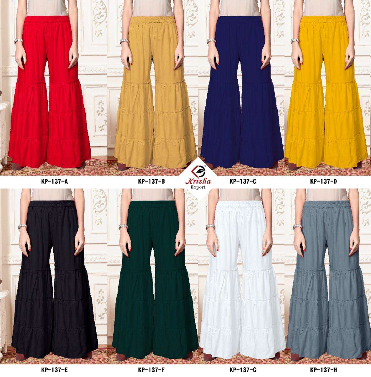 SARARA BY KRISHA EXPORTS 137-A TO 137-H SERIES BEAUTIFUL STYLISH COLORFUL FANCY PARTY WEAR & ETHNIC WEAR & READY TO WEAR 14 KG RAYON PALAZZO AT WHOLESALE PRICE