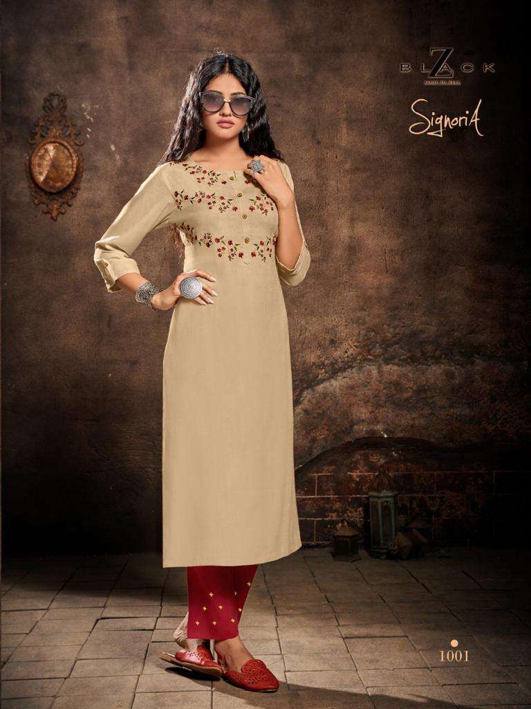 SIGNORIA BY Z BLACK 1001 TO 1006 SERIES BEAUTIFUL STYLISH FANCY COLORFUL CASUAL WEAR & ETHNIC WEAR RAYON SLUB EMBROIDERED KURTIS WITH BOTTOM AT WHOLESALE PRICE