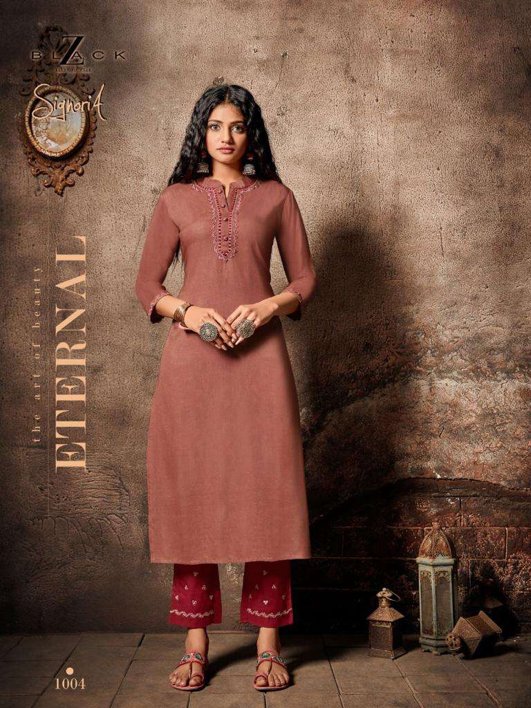 SIGNORIA BY Z BLACK 1001 TO 1006 SERIES BEAUTIFUL STYLISH FANCY COLORFUL CASUAL WEAR & ETHNIC WEAR RAYON SLUB EMBROIDERED KURTIS WITH BOTTOM AT WHOLESALE PRICE