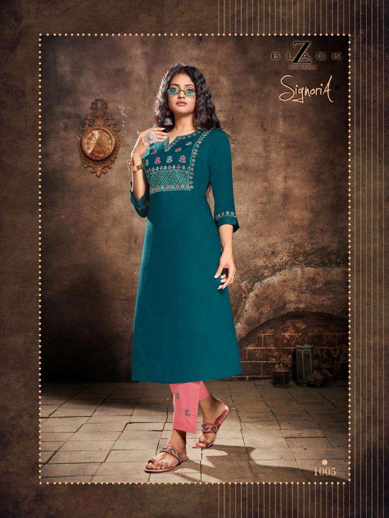 SIGNORIA BY Z BLACK 1001 TO 1006 SERIES BEAUTIFUL STYLISH FANCY COLORFUL CASUAL WEAR & ETHNIC WEAR RAYON SLUB EMBROIDERED KURTIS WITH BOTTOM AT WHOLESALE PRICE