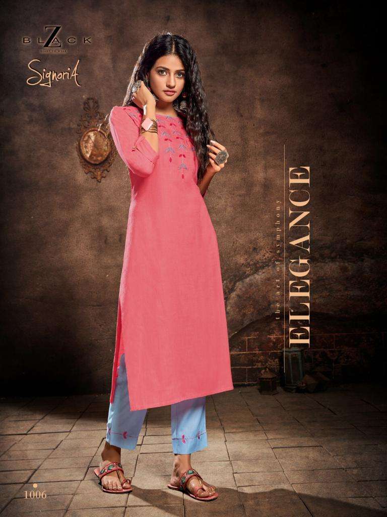 SIGNORIA BY Z BLACK 1001 TO 1006 SERIES BEAUTIFUL STYLISH FANCY COLORFUL CASUAL WEAR & ETHNIC WEAR RAYON SLUB EMBROIDERED KURTIS WITH BOTTOM AT WHOLESALE PRICE
