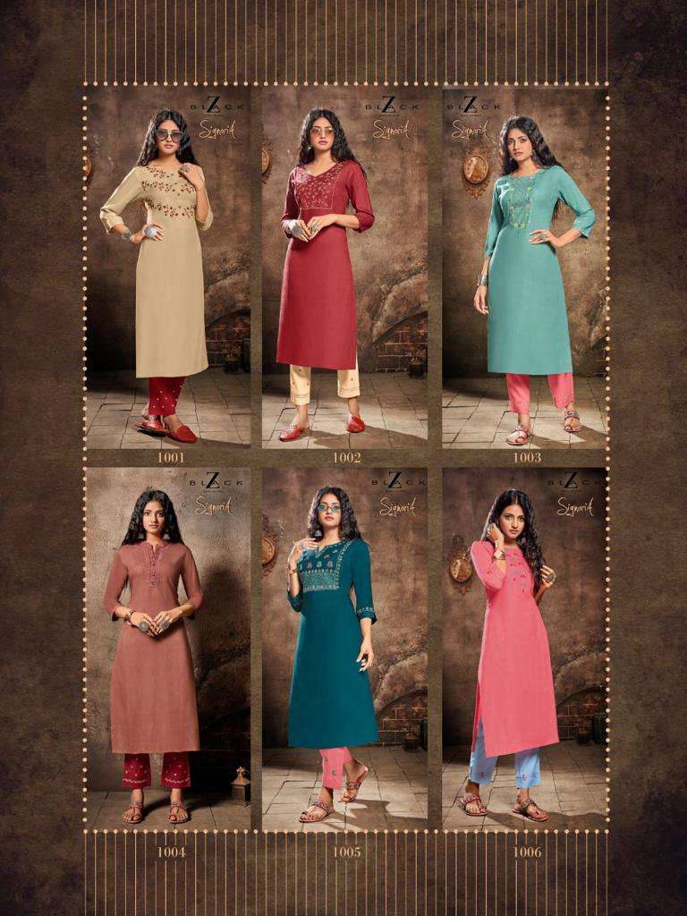 SIGNORIA BY Z BLACK 1001 TO 1006 SERIES BEAUTIFUL STYLISH FANCY COLORFUL CASUAL WEAR & ETHNIC WEAR RAYON SLUB EMBROIDERED KURTIS WITH BOTTOM AT WHOLESALE PRICE