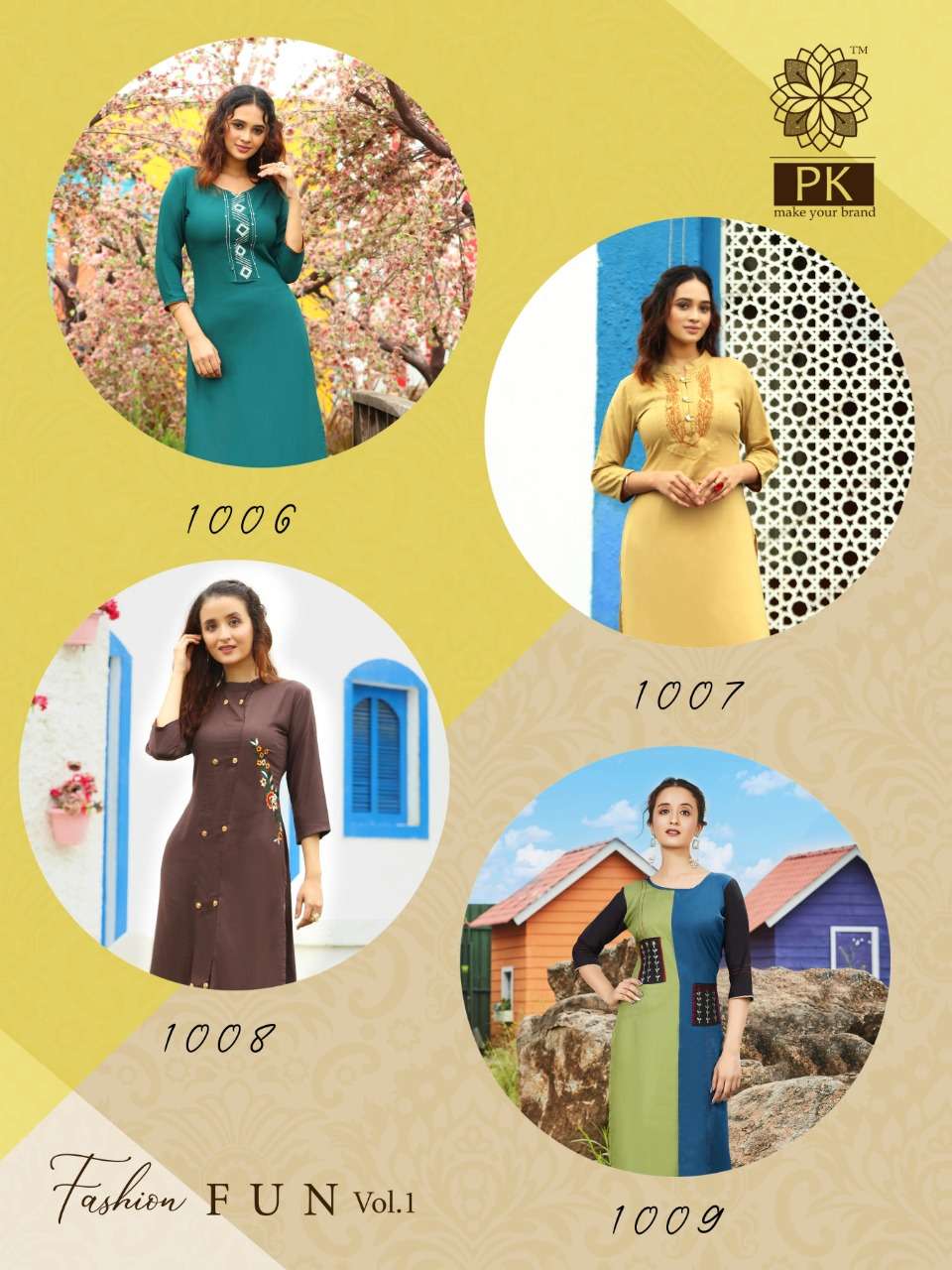 FASHION FUN VOL-1 BY PK 1001 TO 1009 SERIES BEAUTIFUL STYLISH FANCY COLORFUL CASUAL WEAR & ETHNIC WEAR HEAVY RAYON EMBROIDERED KURTIS AT WHOLESALE PRICE