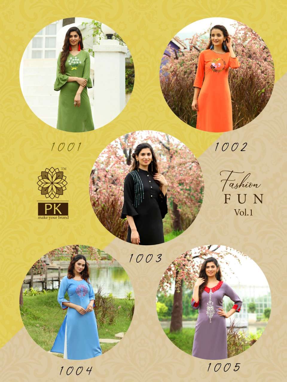 FASHION FUN VOL-1 BY PK 1001 TO 1009 SERIES BEAUTIFUL STYLISH FANCY COLORFUL CASUAL WEAR & ETHNIC WEAR HEAVY RAYON EMBROIDERED KURTIS AT WHOLESALE PRICE