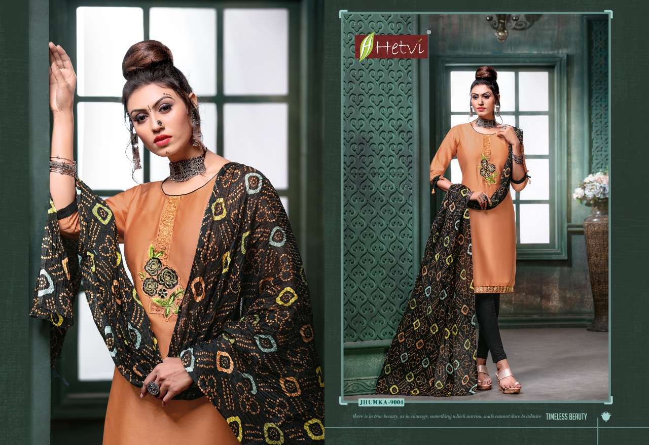 JHUMKA BY HETVI 9001 TO 9008 SERIES BEAUTIFUL SUITS COLORFUL STYLISH FANCY CASUAL WEAR & ETHNIC WEAR JAM SATIN DRESSES AT WHOLESALE PRICE