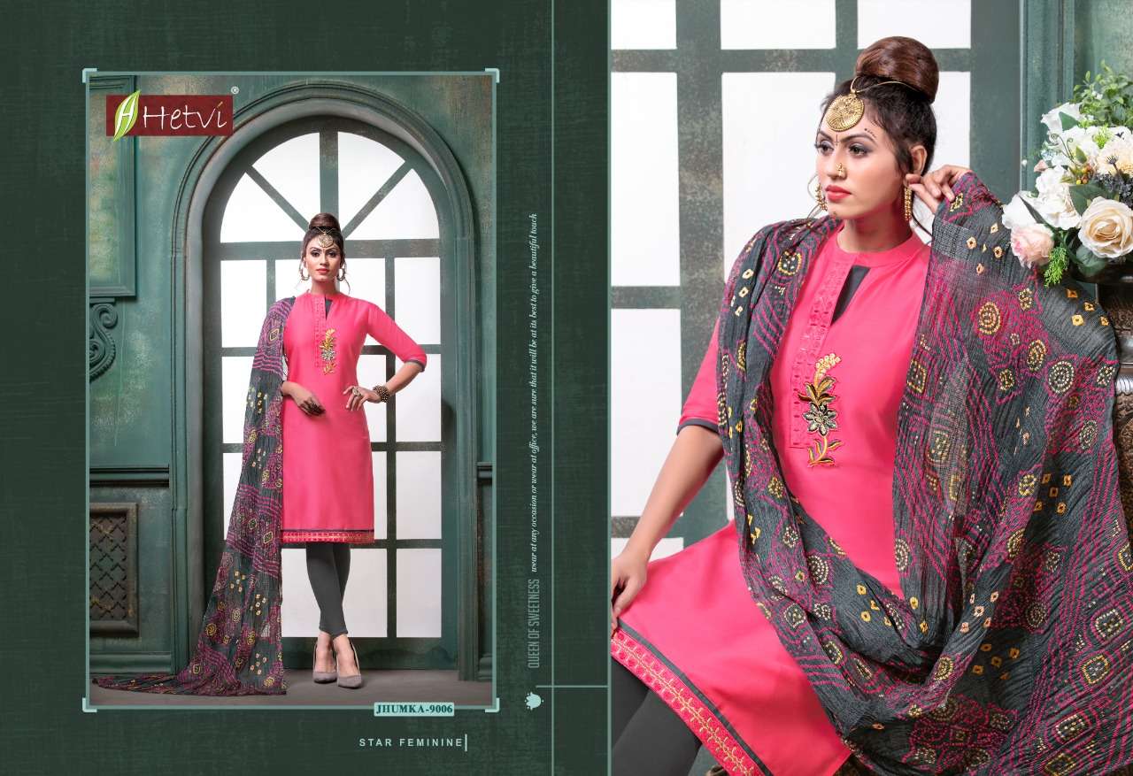 JHUMKA BY HETVI 9001 TO 9008 SERIES BEAUTIFUL SUITS COLORFUL STYLISH FANCY CASUAL WEAR & ETHNIC WEAR JAM SATIN DRESSES AT WHOLESALE PRICE