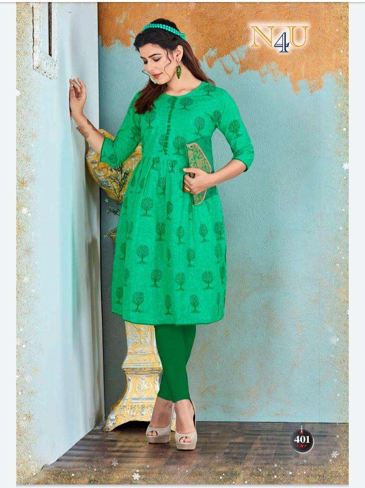 NURANI BY N4U 401 TO 405 SERIES BEAUTIFUL STYLISH FANCY COLORFUL CASUAL WEAR & ETHNIC WEAR COTTON SLUB IKKAT PRINTED KURTIS AT WHOLESALE PRICE