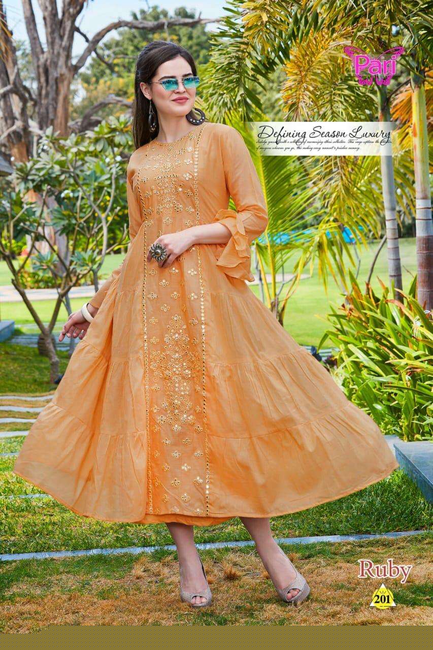 RUBY BY PARI 201 TO 208 SERIES DESIGNER BEAUTIFUL STYLISH FANCY COLORFUL PARTY WEAR & OCCASIONAL WEAR COTTON MAL GOWNS WITH DUPATTA AT WHOLESALE PRICE
