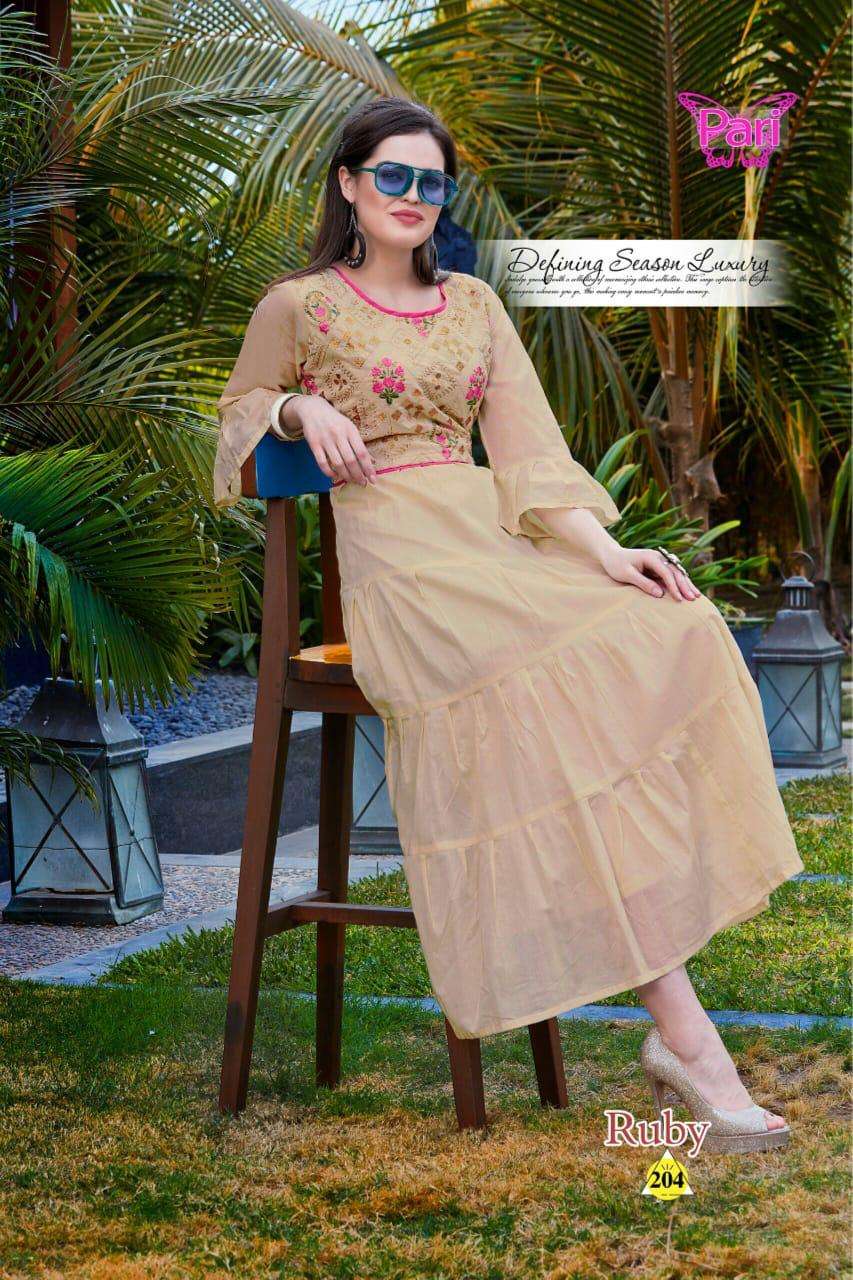 RUBY BY PARI 201 TO 208 SERIES DESIGNER BEAUTIFUL STYLISH FANCY COLORFUL PARTY WEAR & OCCASIONAL WEAR COTTON MAL GOWNS WITH DUPATTA AT WHOLESALE PRICE